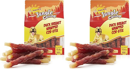 Jungle Calling Duck Wrapped Cod Sticks Dog Treats, Rawhide Free Training Rewards Snacks for Dogs, Natural Chewy Sticks Treats, 10.6oz (Pack of 2)
