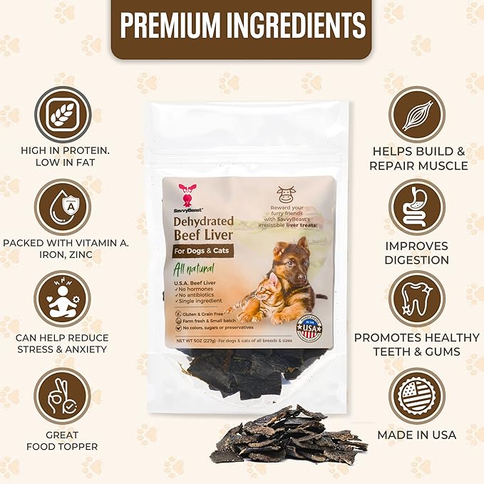 SavvyBeast Dehydrated Beef Liver Dog Treats – Gently Air Dried Raw Organ Meat – Healthy, All-Natural, Single Ingredient, Grain-Free Dry Jerky – Training Treats for Dogs & Cats – Made in USA – 5 oz