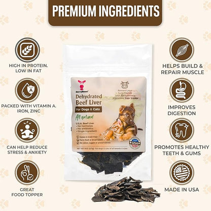SavvyBeast Dehydrated Beef Liver Dog Treats – Gently Air Dried Raw Organ Meat – Healthy, All-Natural, Single Ingredient, Grain-Free Dry Jerky – Training Treats for Dogs & Cats – Made in USA – 5 oz