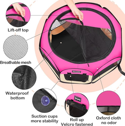 Portable Pet Dog Playpen, Pet Playpen Foldable Extra Heavy Duty Pop Up No Assembly Kennel Tent Crate Indoor Outdoor with Shade Ventilation Mesh for Small Animals, Kitten, Cat, Rabbit (Hot Pink)