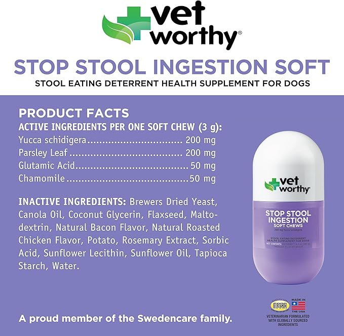 Vet Worthy Coprophagia Deterrent for Dogs - Pet Supplement with Chamomile, Yucca Schidigera to Stop Stool Eating for Dogs - Contains Parsley to Naturally Freshen Breath - 60 Soft Chews