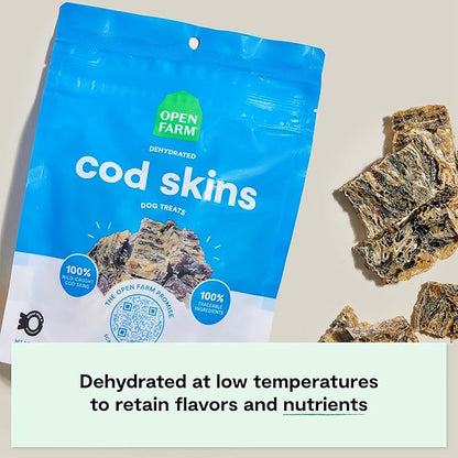 Open Farm, Dehydrated Dog Treats, High Protein & Low Carbohydrate Cod Skins, Crunchy Texture, Single Ingredient Wild-Caught Cod Skins Recipe, 7oz Bag Bulk-Size
