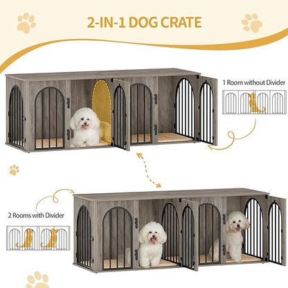 Hzuaneri 63" Dog Crate Furniture for 2 Dogs, Heavy Duty Indoor Dog Kennel TV Stand, L Wooden Dog Cage with Divider for Medium Large Dogs, End Table Dog Crate with Cushion, Greige Black DFC80905B