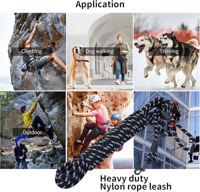 Long Dog Leash for Training 15Ft-Reflective Nylon Rope with Swivel Hook-Recall Agility Lead for Large Small Medium Dogs Outside Walking Hiking-Black Diam 1/2"