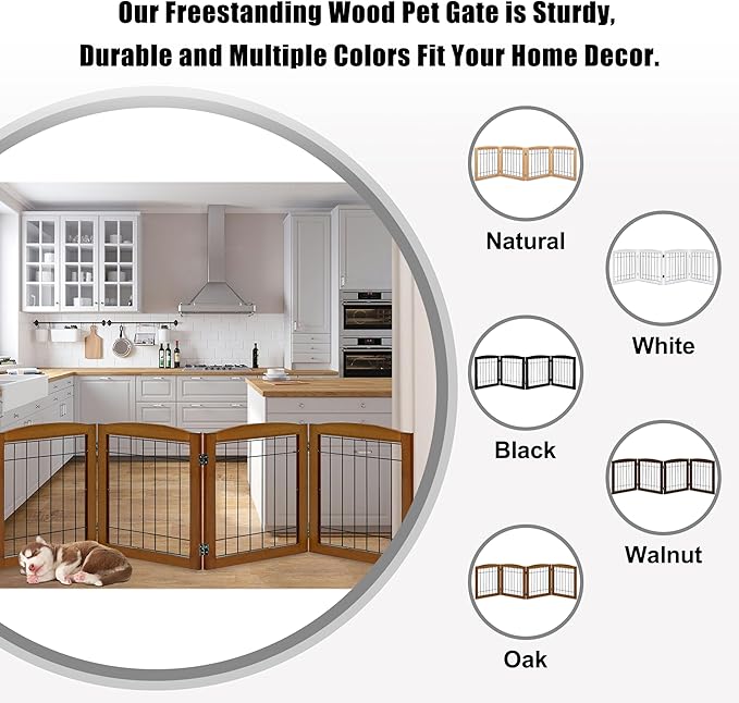 LZRS 4-Panel Extra-Wide Wooden Freestanding Dog Gate: Foldable Solid Wood and Steel Wire Chew Resistant Safety Barrier for Doorways, Stairs, and Large Open Spaces Indoor Use, Cherry