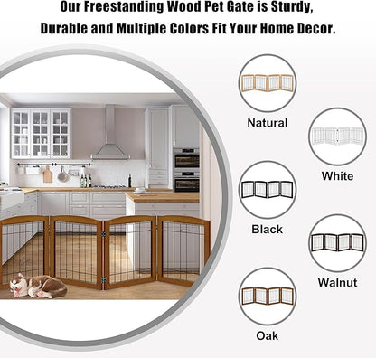 LZRS 4-Panel Extra-Wide Wooden Freestanding Dog Gate: Foldable Solid Wood and Steel Wire Chew Resistant Safety Barrier for Doorways, Stairs, and Large Open Spaces Indoor Use, Cherry