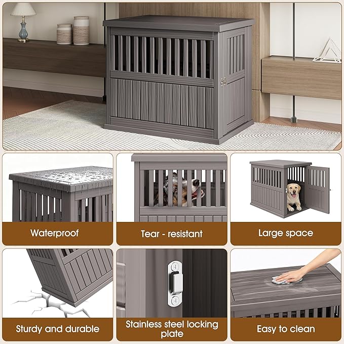 Bifanuo 40-Inch Dog Crate Furniture, Heavy Duty Dog Crate for Large and Medium Dog, Lockable Indoor Outdoor Dog Kennel & End Table, Decorative Plastic Pet Cage(Grey)