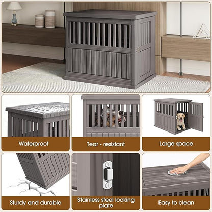 Bifanuo 40-Inch Dog Crate Furniture, Heavy Duty Dog Crate for Large and Medium Dog, Lockable Indoor Outdoor Dog Kennel & End Table, Decorative Plastic Pet Cage(Grey)