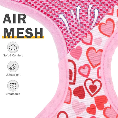 SCENEREAL Valentines Dog Harness Collar and Leash Set for Small Dogs, Soft Mesh Harnesses，Pet Vest for Outdoor Walking Training and Running, XS