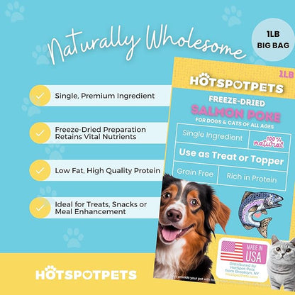 hotspot pets Freeze Dried Salmon Treats for Cats & Dogs - Made in USA - 1LB Resealable Big Bag - Single Ingredient, High Protein, All Natural Grain-Free - Perfect for Training, Topper or Snack