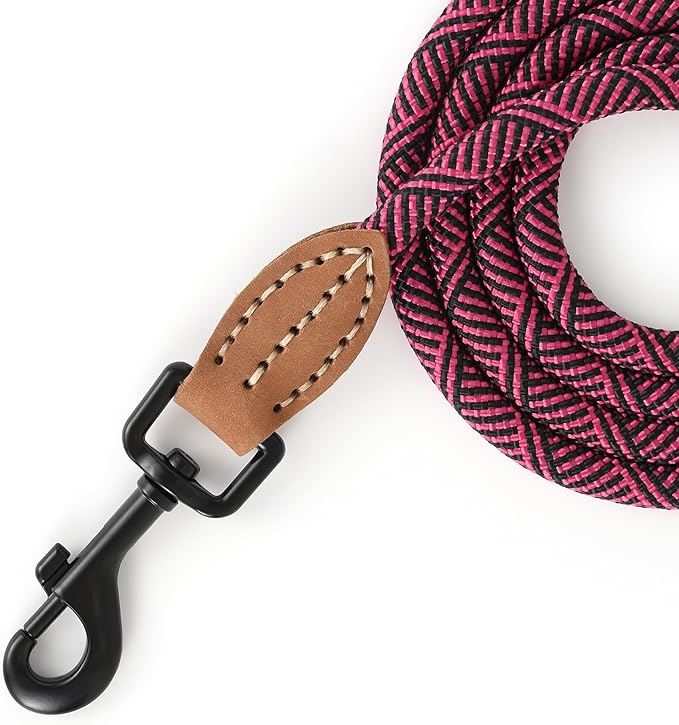 Mile High Life Small Dog Leash, Thin Rope Leash with Genuine Leather Connection and Heavy Duty Metal Clasp, Great for Small Medium Dogs(Pink,72 Inch-1/3)