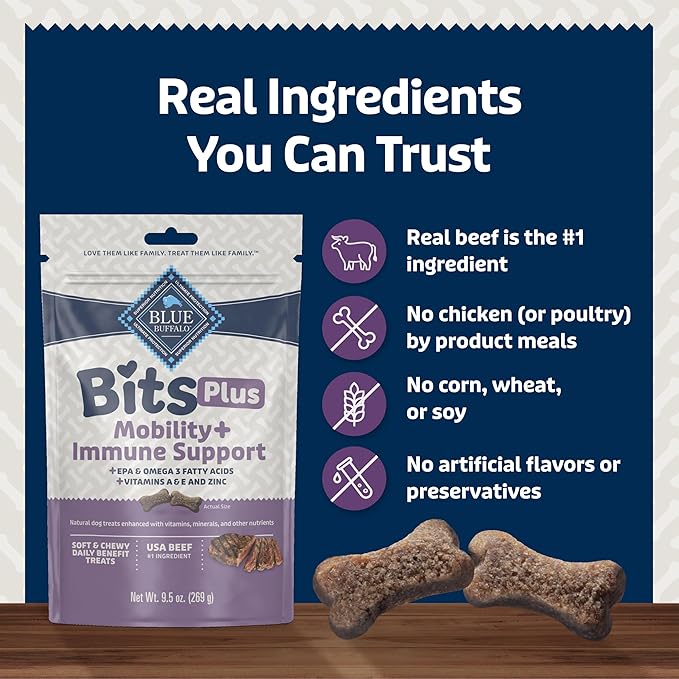 Blue Buffalo Blue Bits Plus Mobility and Immune Support Soft Dog Treats, Beef, 9.5-oz. Bag (Pack of 2)