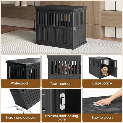 Bifanuo 30-Inch Dog Crate Furniture, Heavy Duty Dog Crate for Medium and Small Dog, Lockable Indoor Outdoor Dog Kennel & End Table, Decorative Plastic Pet Cage (Classic Black, 29.5" x 21"x 25.2")