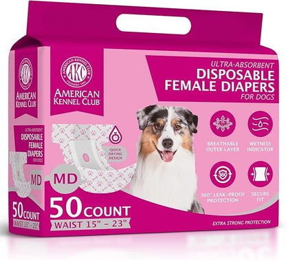 American Kennel Club Female Dog Wrap, Disposable Diapers with Wetness Indicator (M (15–23 in), 50, Count)