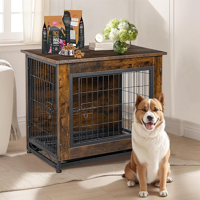 Shintenchi Dog Crate Furniture, Double-Doors Kennel Indoor with Removable Tray, End Table Dog House for Small Medium Breed, 32.5" L, Brown