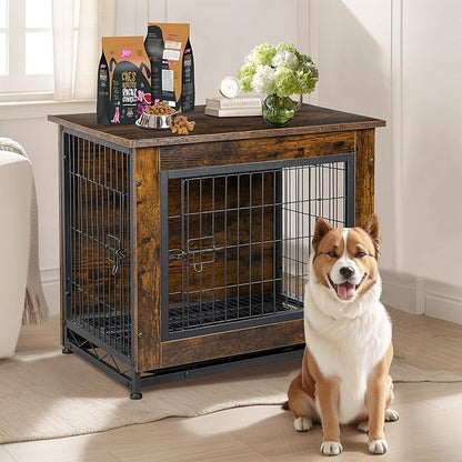 Shintenchi Dog Crate Furniture, Double-Doors Kennel Indoor with Removable Tray, End Table Dog House for Small Medium Breed, 32.5" L, Brown
