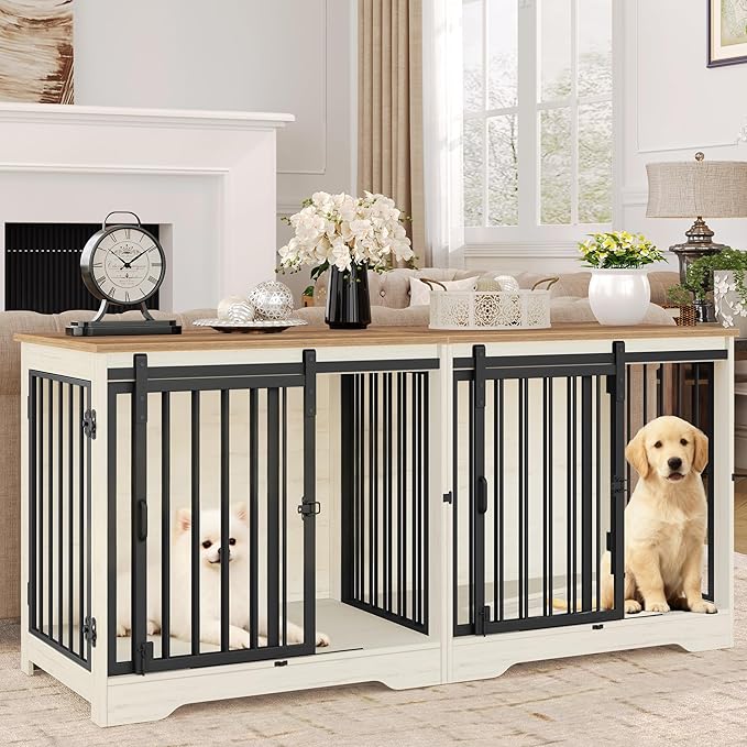 Hzuaneri 54" Dog Crate Furniture for 2 Dogs, Double Dog Cage with Divider, Wooden Heavy Duty Dogs Kennel, Pet Cage with Barn Door, TV Stand for Large Small Medium Pet, White Brown DFC88314B