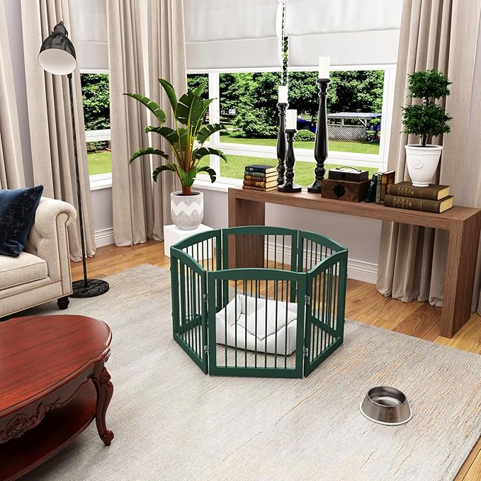 PUPETPO Freestanding Pet Gate for Dogs, Foldable Wooden Dog Gate for House, Extra Wide Indoor Pet Barrier for Stair, Doorway, Hall, Support Feet Included, 120 Inch Wide, 6 Panels 24",Green