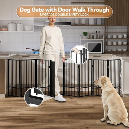 SNUOWU Full Metal Freestanding Dog Gate with Door, 36''Height Foldable Pet Dog Fence for Indoor & Outdoor, 8 Panels Extra Wide Free Standing TallDog Gates for Doorways,House,Stairs,Porch,Deck,Yard
