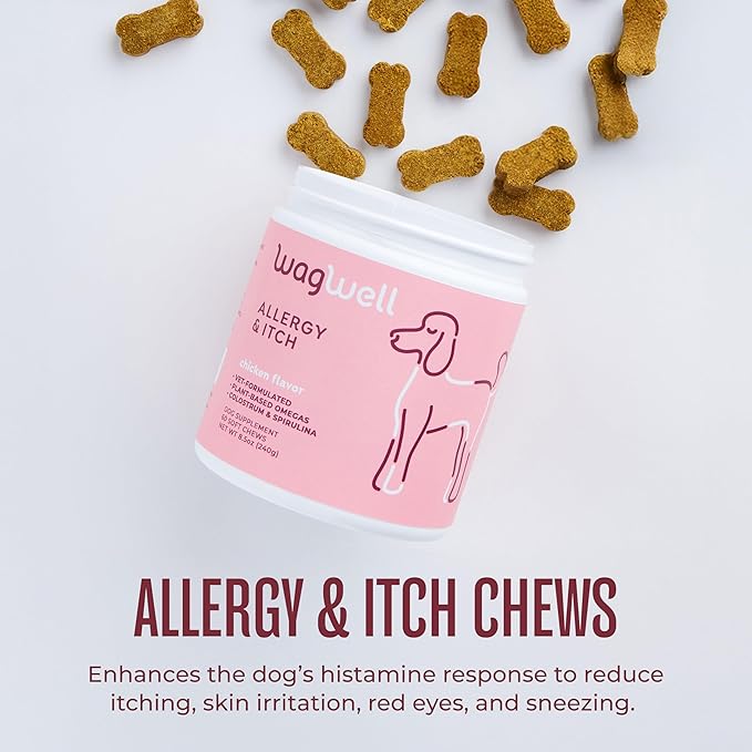 WagWell Allergy & Itch Chews for Dogs | Vet Formulated for Allergy Relief, Itchy Skin, Gut & Immune Support | for Dogs of All Ages & Sizes, All Natural, Made in USA | Chicken Flavor, 60 Chews