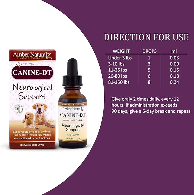 Amber NaturalZ Canine DT Herbal Supplement for Dogs | Canine Supplement for Muscle, Nose, Paw Pad, Nerve, and Neurological Support | 1 Fluid Ounce Glass Bottle