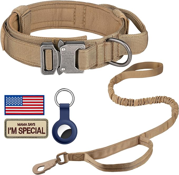 DAGANXI Tactical Dog Collar, Adjustable Military Training Nylon Dog Collar with Control Handle and Heavy Metal Buckle for Medium and Large Dogs, with Patches and Airtags Case (S, Brown-Set)