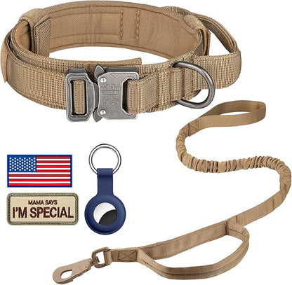 DAGANXI Tactical Dog Collar Leash Set, Adjustable Military Training Nylon Dog Collar with Controll Handle and Heavy Metal Buckle for Medium and Large Dogs，with Patches and Airtags Case (M, Brown-Set)
