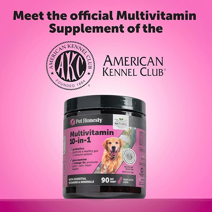 10-in-1 Dog Multivitamin Supplement with Glucosamine & Probiotics - Hip & Joint Support, Digestive Health, Immune Support, Heart & Skin - All-in-One Daily Vitamins & Omega-3s (Peanut Butter, 90 ct)