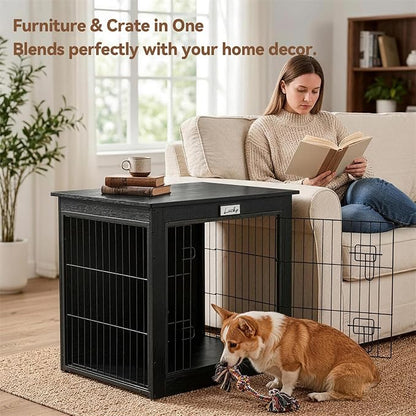 Black Dog Crate Furniture with Reversible Side Door, Wooden Indoor Dog Kennel for Small Medium Dogs, End Table Dog Crate with Double Locks, Heavy Duty Steel Mesh Furniture Style Dog Cage