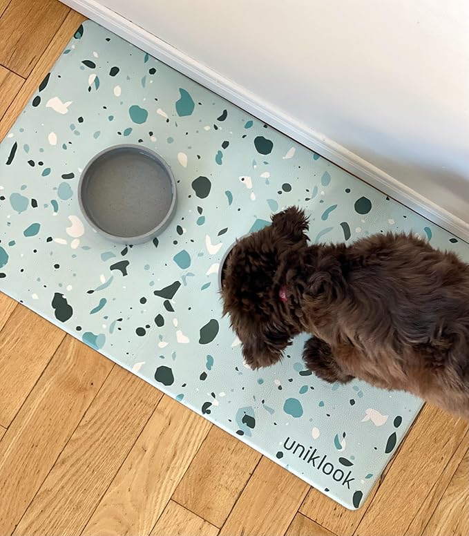 Large Pet Placemat Food & Water, Dog Cat Food Mat for Pet Bowls 28" X 16.5" Waterproof Easy to Clean Dog Mat for Bowl Food Water Terrazzo Blue Uniklook
