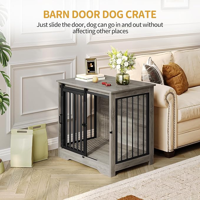 Hzuaneri 27.2" Dog Crate Furniture with Barn Door, Heavy Duty Dog Kennel Indoor with 2 Doors, Wooden Pet Cage End Table for Small Medium Dogs up to 22 lb, Anti-Chew Anti-Escape, Greige DFC84305B