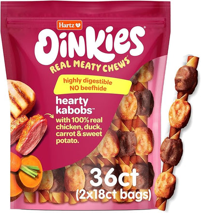 Hartz Oinkies Hearty Kabob Dog Treats with 100% Real Chicken, Duck, Sweet Potato & Carrot, Rawhide-Free, Natural Dog Treats, Highly Digestible Long Lasting Chews, 36 Count