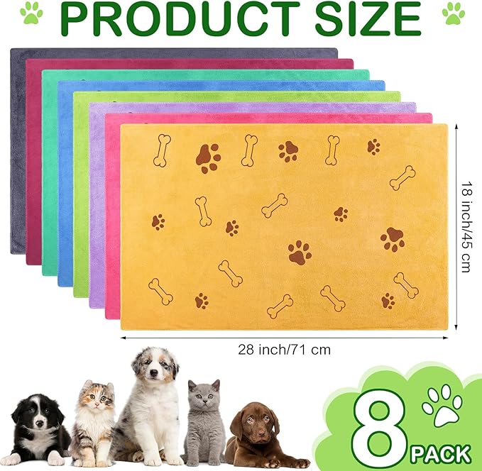 Chumia 8 Pcs Dog Towels for Drying Dogs Cats Pet Towels Bulk Puppy Microfiber Fast Drying Paw Bath Bathing Supplies Absorbent for Medium Pets(18 x 28 Inch,Dog Paw and Bone,Colorful)