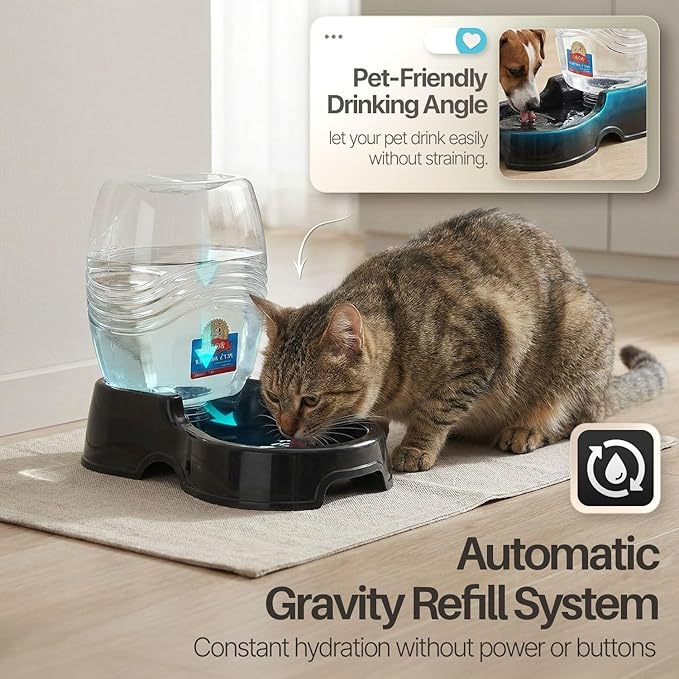 Flexzion Automatic Gravity Pet Waterer for Cat & Dog - Non-Skid & Easy-Clean Auto Replenish Water Dispenser Drinking Bowl (3/8 Gallon / 1.5L), Black