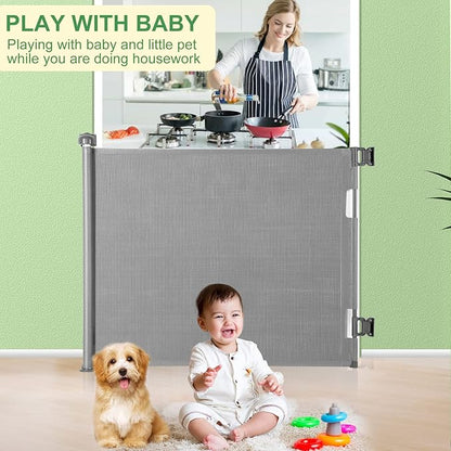 Retractable Baby Gate, Extra Wide Safety Kids or Pets Gate, 33” Tall, Extends to 55” Wide, Mesh Safety Dog Gate for Stairs, Indoor, Outdoor, Doorways, Hallways(33”x55”- Grey)