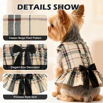 EXPAWLORER Dog Harness Small Medium Sized Dogs, Plaid Dog Dress Bowknot Harness and Leash Set, No Choke No Pull Soft Mesh Vest Cute Princess Puppy Outfits Clothes Costume for Girls Party Cats Beige XS