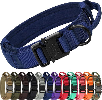 Joytale Tactical Dog Collar with Handle and Metal Buckle, Heavy Duty Padded Military Collar with 2 Patches for Training, Adjustable for Large Dogs, Navyblue, L