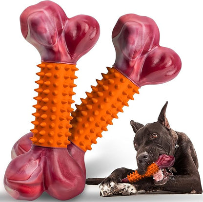Apasiri 2-Pack Tough Dog Toys for Aggressive Chewers: Peanut Butter Flavored Long Lasting Dog Bones, Heavy Duty Nylon & Rubber Dog Chew Toys to Keep Them Busy, Medium & Large Breed, Orange