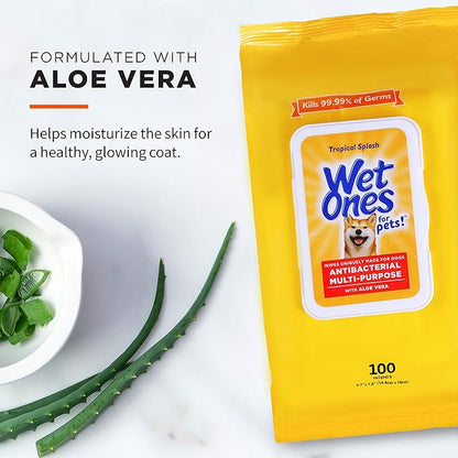 Wet Ones for Pets Multipurpose Dog Wipes with Aloe Vera, Tropical Splash Scent - Pet Bathing Wipes with Wet Lock Seal for Dog Paws & All Over Use, 100 Count - 12 Pack