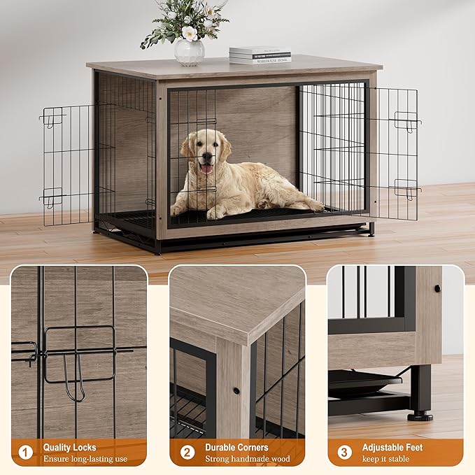 Vongrasig Dog Crate Furniture, Side End Table, Modern Wooden Kennel for Dogs Indoor, Heavy-Duty Dog Cage with Multi-Purpose Removable Tray, Double-Door Dog House, Grey