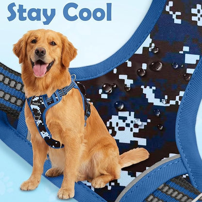 Funfox Dog Harness No Pull, Adjustable Pet Vest Harness, Super Soft Material with Vertical Handle Easy Control, Reflective Night Walking, 2 Leash Clips for Medium Sized Dogs, Mosaic Blue, M