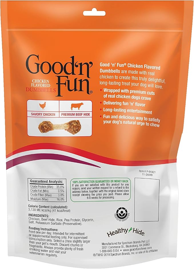 Good 'n' Fun Chicken Flavored Dumbbells for Small Dogs,4 Ounces,Treat Your Dog to Long-Lasting Chews Made with Premium Chicken & Long-Lasting Beef Hide,(Pack of 2)
