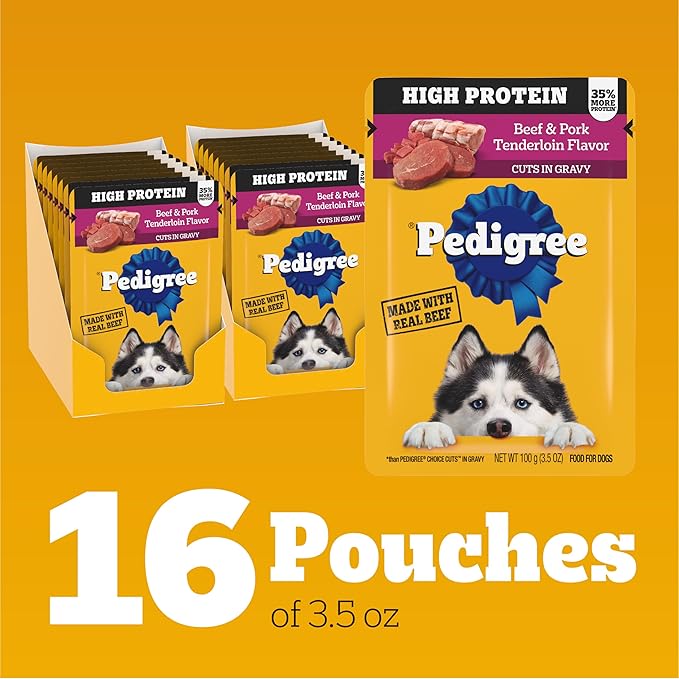 Pedigree High Protein Dog Food, Adult Wet Dog Food Pouches, Beef & Pork Tenderloin, 3.5 oz. Pouches, 16 Count