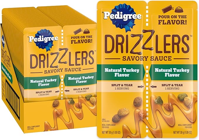 Pedigree Drizzlers for Dogs, Wet Dog Food Gravy Savory Sauce, Natural Turkey Flavor, 60g Dual-Serving Pouch (22 Count, 44 Servings Total)