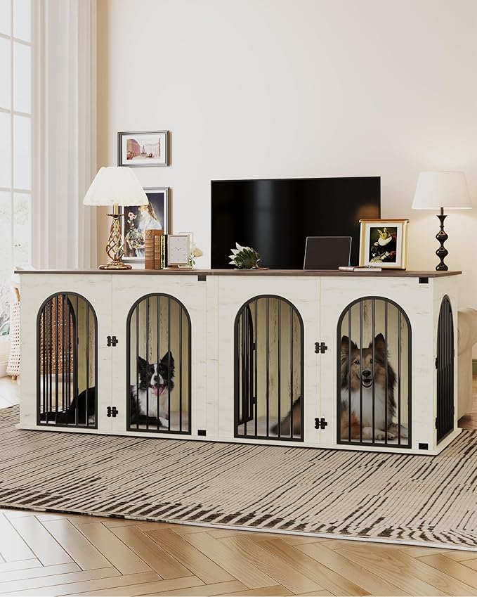 Hzuaneri 88.4" Dog Crate Furniture for 2 Dogs, Heavy Duty Indoor Dog Kennel TV Stand, XXL Wooden Dog Cage with Divider for Medium Large Dogs, End Table Dog Crate with Cushion, White Brown DFC84014BV1
