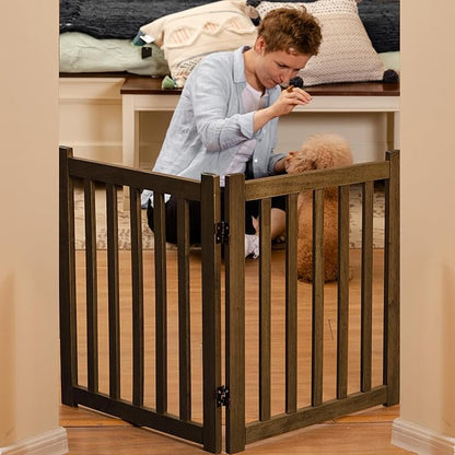 LZRS 2-Panel Wooden Free Standing Foldable Dog Gate Indoor – Solid Hardwood 24" High, Step-Over Safety Pet Gate for Doorways, Stairs & Small Spaces - Indoor Use, Walnut