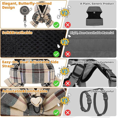 KOOLTAIL Small Dog Harness and Leash Set, Cute Puppy Vest Harnesses with Bowtie, Step in No Pull Soft Mesh Padded Adjustable Plaid Pet Harness for Extra-Samll Medium Dogs Cats, Boy Girl, XS-M, Beige S