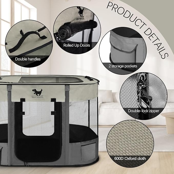 Rest-Eazzzy Dog Playpen, Foldable Kitten Playpen for Medium Dogs, Portable Pet Puppy Playpen with Removable Shade Cover, Indoor Outdoor Travel Camping Use for Small Pets with Carrying Case (M, Grey)