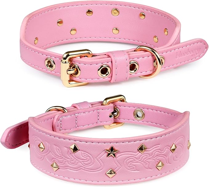 Blueberry Pet Premium Embossed Pink Glam Silver-Powered Freshness Microfiber Leather Dog Collar with Gold Studs