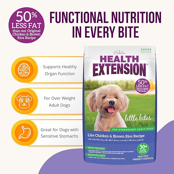 Health Extension Little Bites LITE Dry Dog Food, Chicken & Brown Rice for Toy and Small Breeds, Supports Healthy Weight, with Probiotics & Superfoods for Digestion & Coat Health, 4 lb Bag